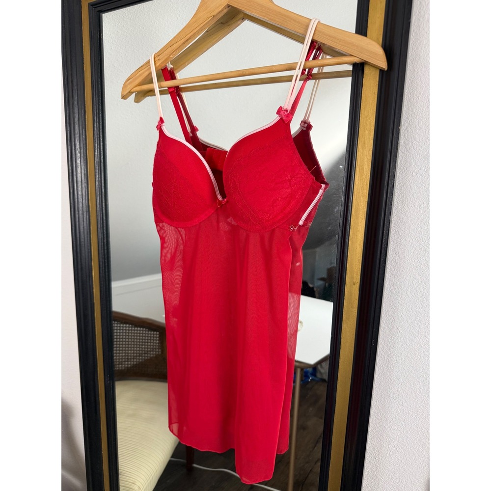 Jessica Simpson Red Mesh Lace Underwire Babydoll Chemise Lingerie Red Pink M